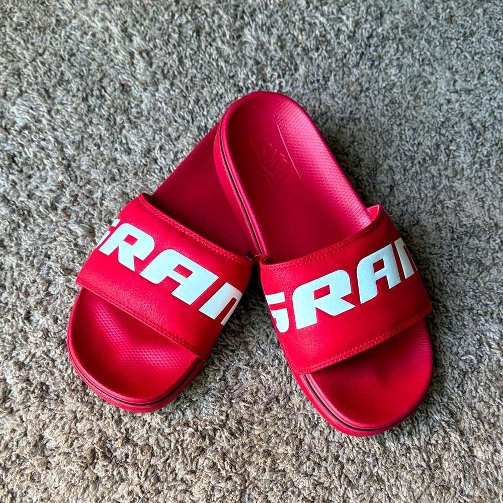 NWOB never worn SRAM MTB branded Vans slides, RED, Men’s 7/Women’s 8.5, EU 39